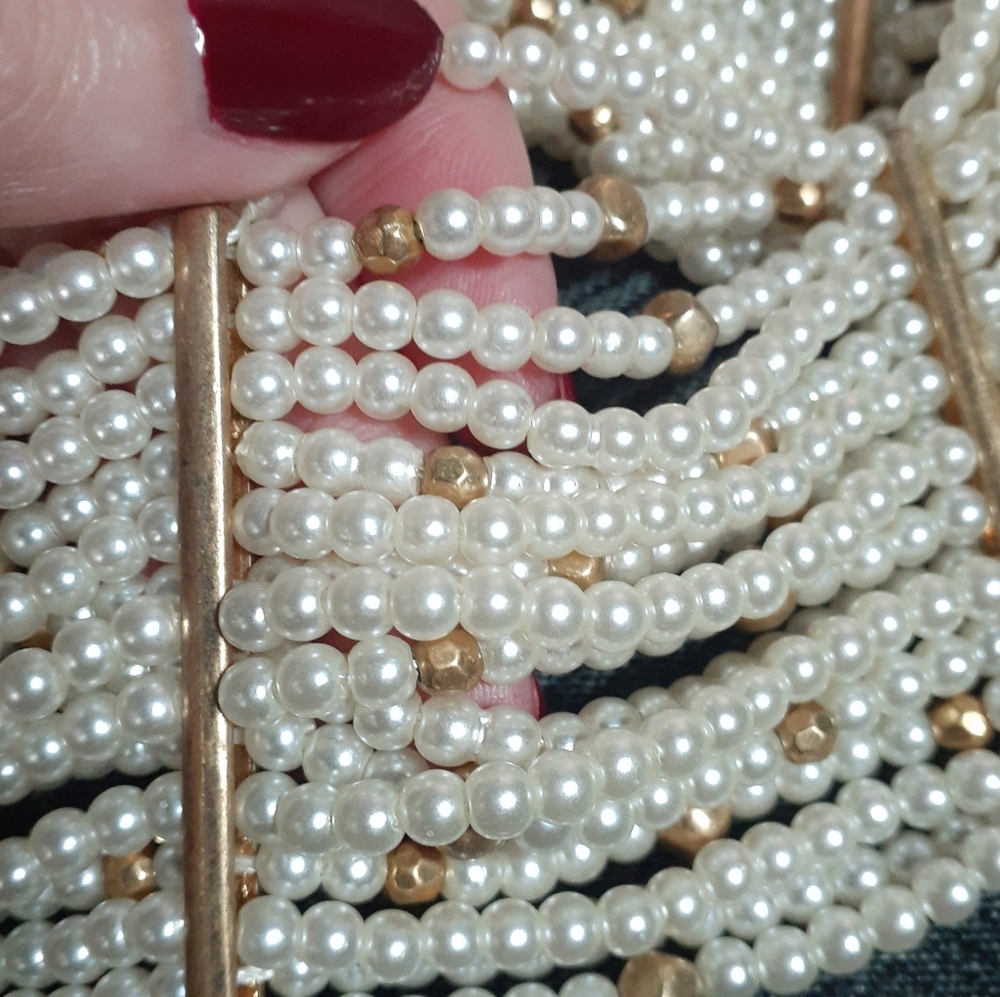 Zara Cream Pearl Multi-Row Choker with Gold Accents - Picture 7 of 14